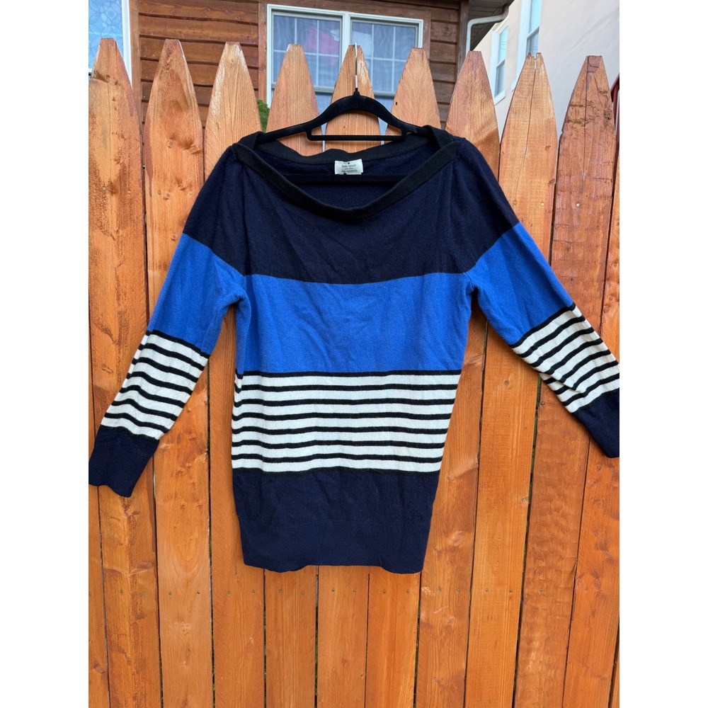 Kate Spade New York Colorblock Striped Knit Boat Neck Sweater Blue Navy XL